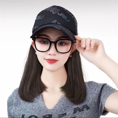 夏季清爽透气鸭舌帽短内扣帽子假发一体减龄洋气镂空帽子时尚百搭