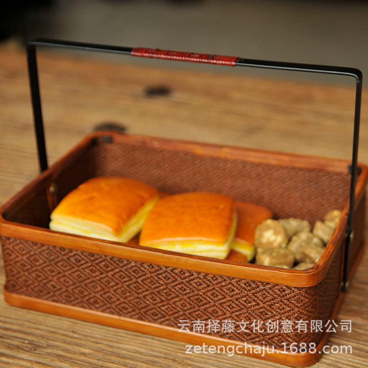 大漆菱形纹藤席铁艺圆p形提篮复古水果篮茶具收纳工艺礼品厂家现