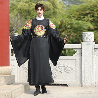 汉服男龙袍明制圆领袍黑色霸气皇帝服装四团龙重工绣花中国风古风