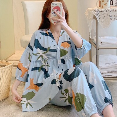 棉绸睡衣女春秋夏九分袖长袖绵绸家居服人造棉套装薄U款大码200斤