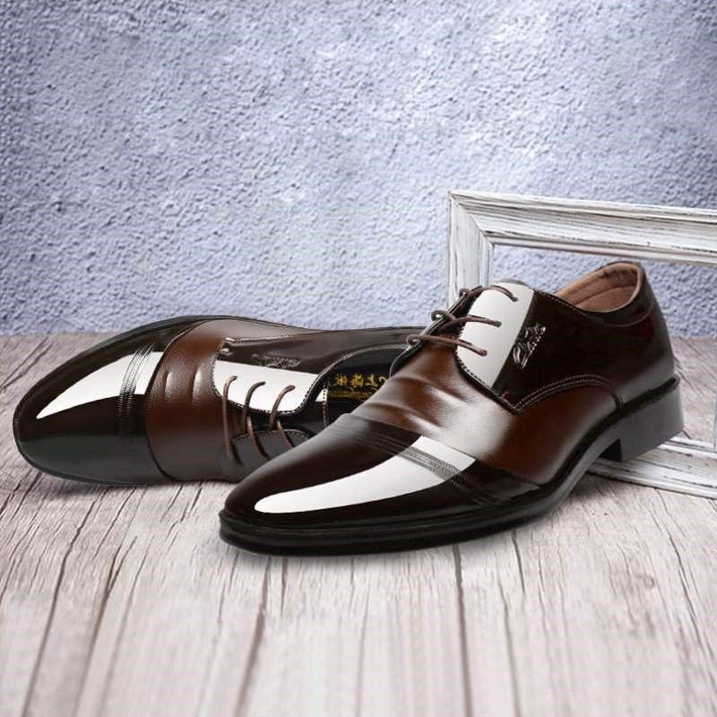 尖头皮鞋男大码系带正装鞋男鞋2022新款商务工作亮面上班办公青年