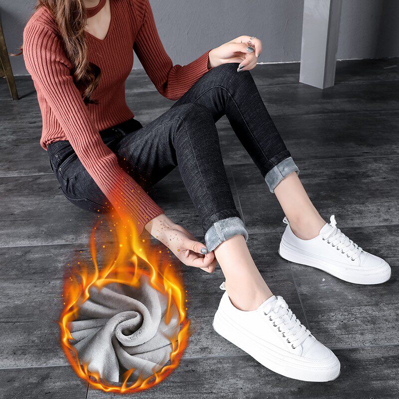 牛仔裤加绒女高腰冬m季修身显瘦小脚2021年新款黑色打底外穿小黑