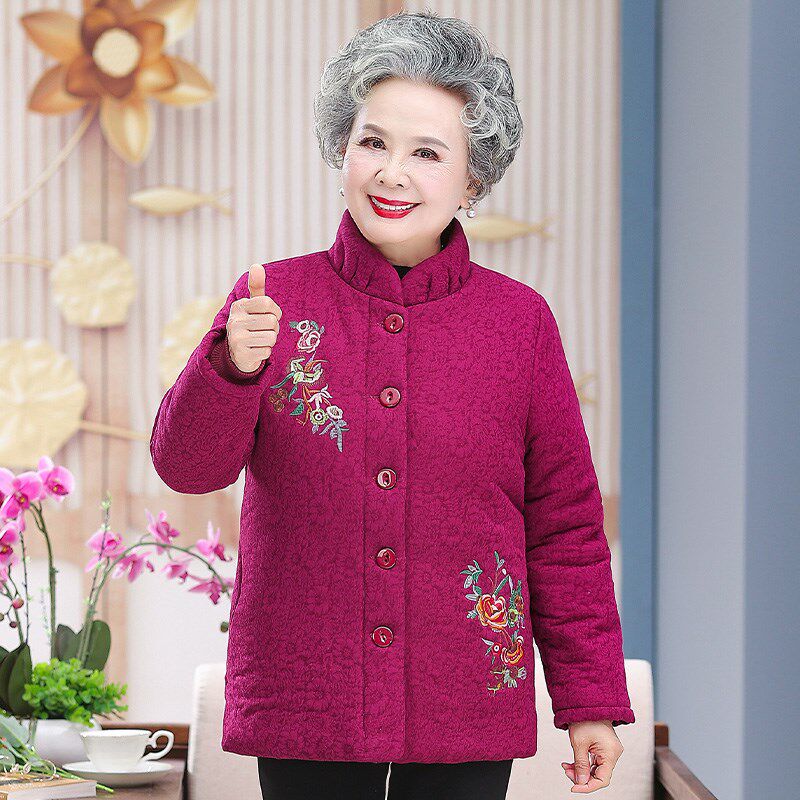 奶奶冬装棉衣加绒加厚棉袄70岁80中老年人外套女老年妈妈绣花棉服