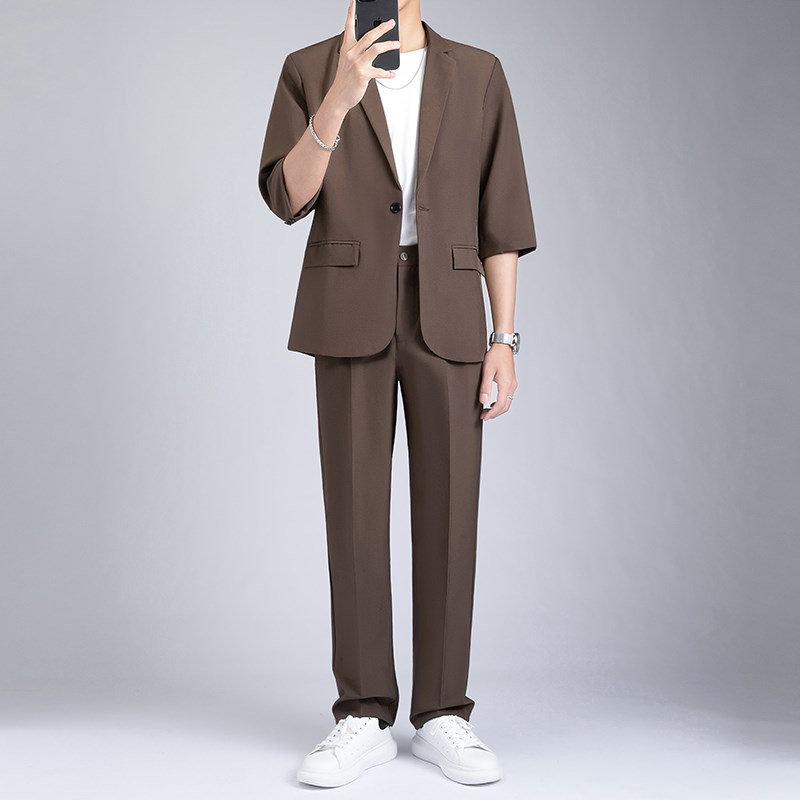 商务薄款七分袖西服套装男士潮流高级感休闲西装长裤一套搭配帅气