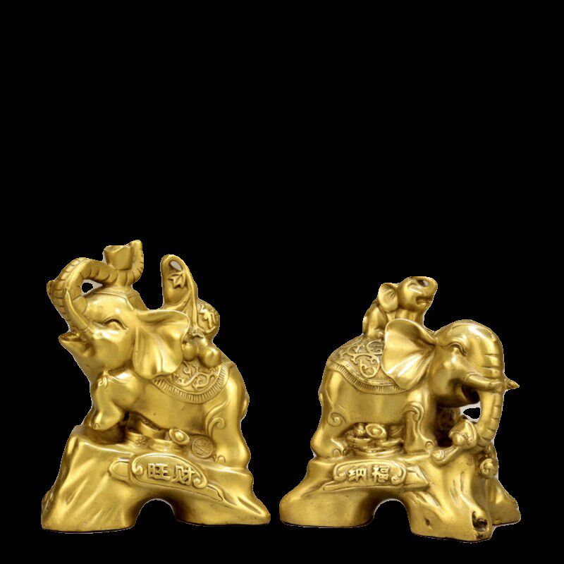 纳福铜大象摆件一家四口元宝葫芦福字铜象招财聚财桌面工艺品