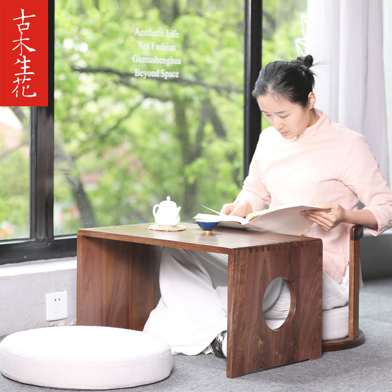 黑胡桃木飘窗桌阳台小茶几家用炕桌实木榻榻米小桌子原木日式矮桌