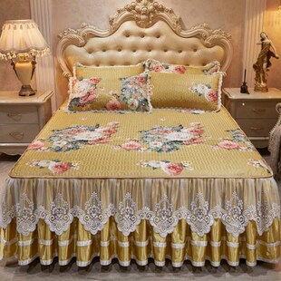 三件 床裙水洗花边夹棉套裙冰丝可拆卸式 凉席蕾丝床罩欧式 床套夏季