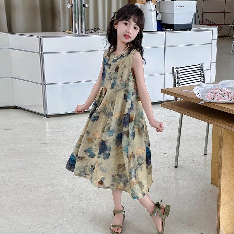 女童碎花连衣裙夏装2024新款大童宽松无袖背心裙儿童洋气沙滩裙子