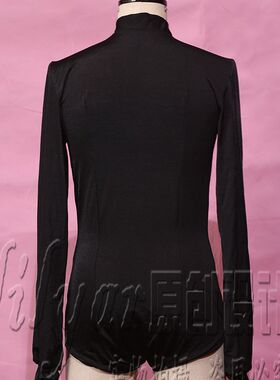 拉丁舞服男士上衣衬衫T恤比赛服演出服黑色V领长袖水钻闪亮款