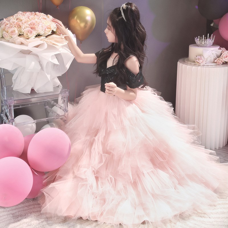 女童礼服轻奢小众粉色公主裙儿童生日蓬蓬纱主持人钢琴演出服高端
