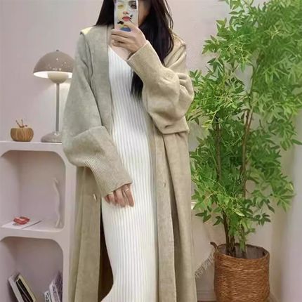 秋冬爆款慵懒风连帽针织开衫女中长款韩系百搭设计感毛衣外套大衣