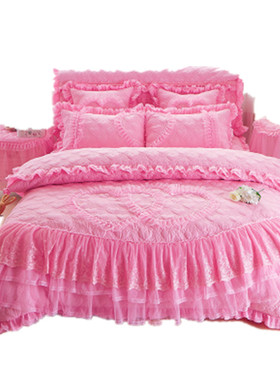 0wyv婚庆大红色公主风床单四件套加厚蕾丝花边棉床裙夹床罩被套4