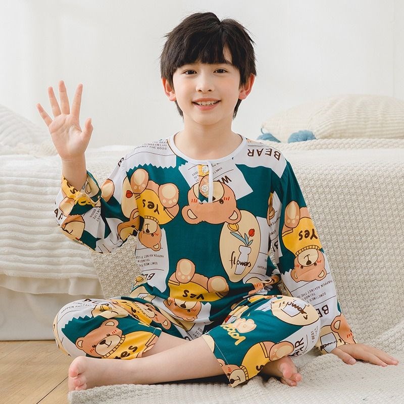 男童睡衣夏季薄款空调服家居服儿童绵绸套装春秋款小女孩小孩恐龙