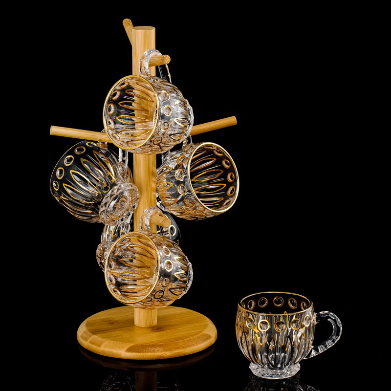欧式描金玻璃杯 家用下午茶咖啡杯 带把刻花茶杯 透明玻璃杯套装