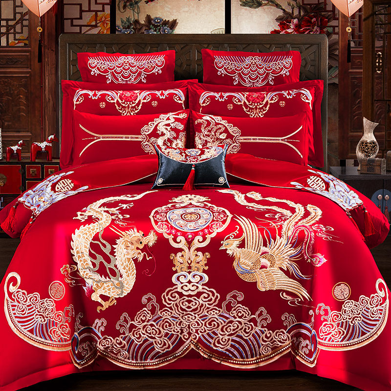 婚庆四件套大红刺绣龙凤结婚房礼六件套床上用品喜庆新婚被套绣花,床上用品,婚庆床品套件,淘宝优惠券,粉丝福利购,淘宝优惠卷