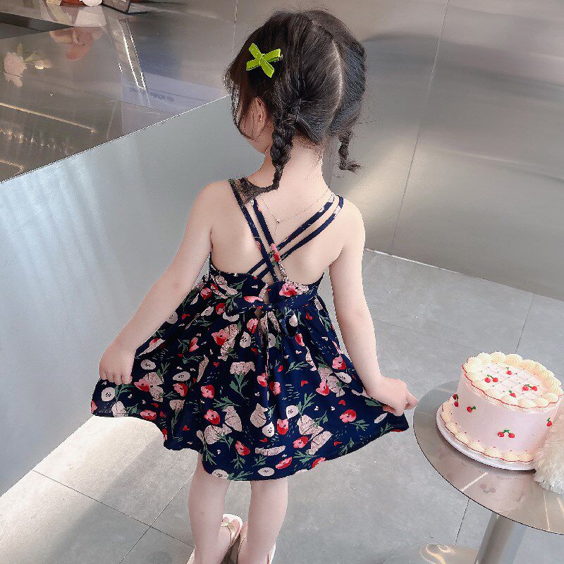 法国儿童棉绸夏裙子2024新款童装女小童碎花露背连衣裙女童公主裙