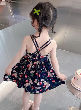 法国儿童棉绸夏裙子2024新款童装女小童碎花露背连衣裙女童公主裙
