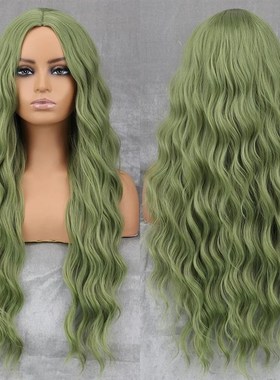 Long Wavy Green Synthetic Wig Women's Heat-Resistant Natural