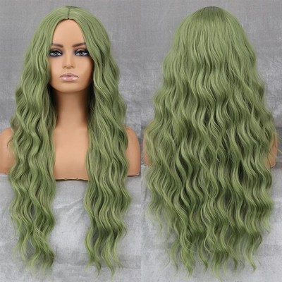 Long Wavy Green Synthetic Wig Women's Heat-Resistant Natural