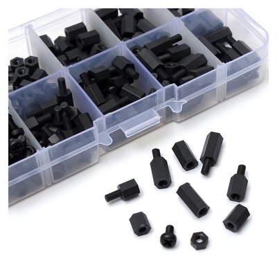 300pcs M3 Nylon Black M-F Hex Spacers Screw Nut Assortment K