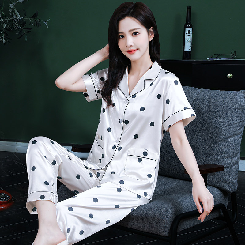 波点冰丝睡衣女夏天春秋款开衫家居服套装夏季简约气质宽松丝绸夏,女士内衣/男士内衣/家居服,睡衣/家居服套装,淘宝优惠券,粉丝福利购,淘宝优惠卷
