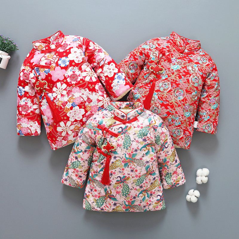 儿童唐装女宝宝拜年服冬装加w厚中国风女童长袖棉花棉衣小女孩汉