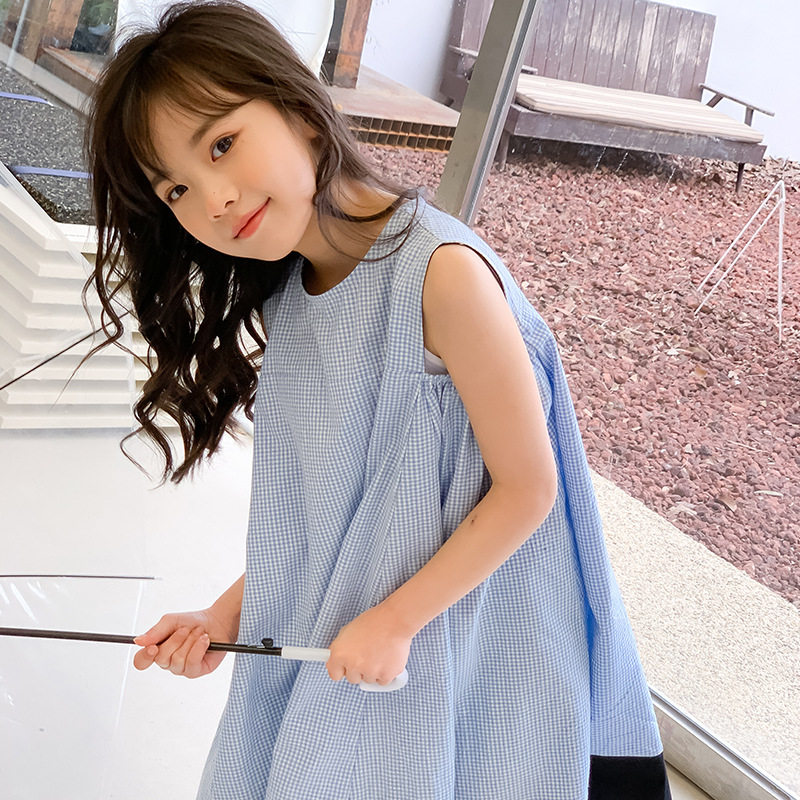 韩国女童洋气森系休闲宽松连衣裙夏季款中大童韩版格子背心公主裙