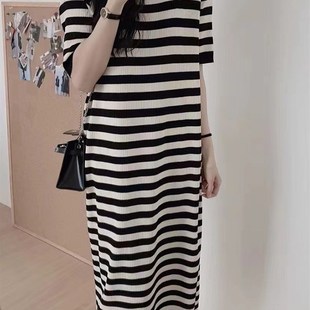 长裙高级感休闲显瘦黑白条纹连衣裙女夏 欧洲站2023新款 茶歇法式