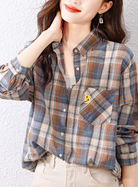 纯棉格子衬衫女2023春秋季新款韩版时尚衬衫夏天洋派长袖薄款上衣