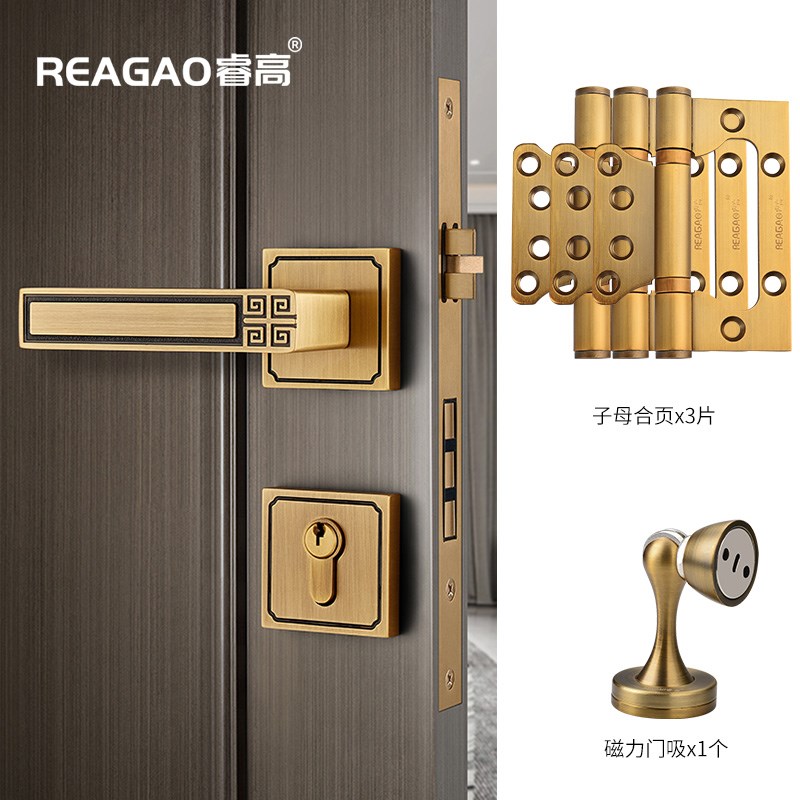 NN0Ia全铜门锁新中式室内卧室木门把手房间门纯铜静音套装门分