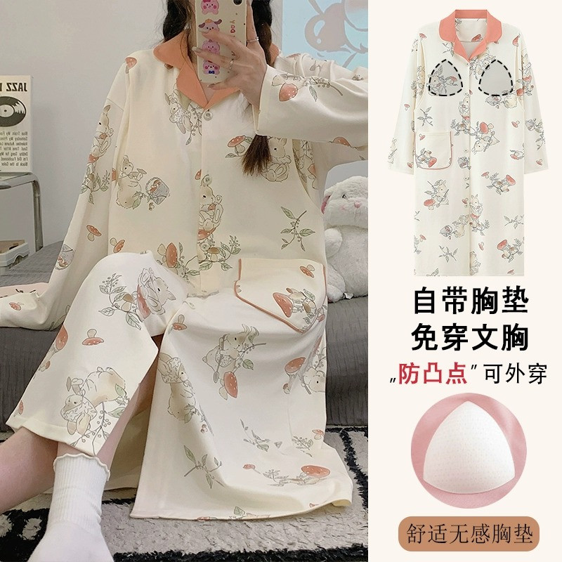 带胸垫孕妇睡裙春秋款纯棉哺乳产后月子服夏季产妇产房待产连衣裙