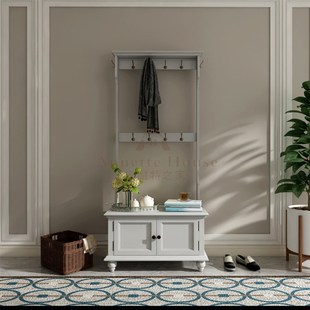 美式简约实木落地衣帽架卧室挂衣架欧式置物柜门厅鞋架白色换鞋凳