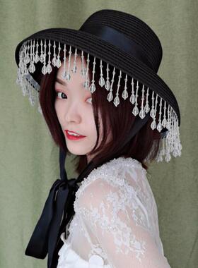赫本风复古时尚百搭流苏珠帘水晶草帽女夏逛街遮阳出游沙滩帽网红