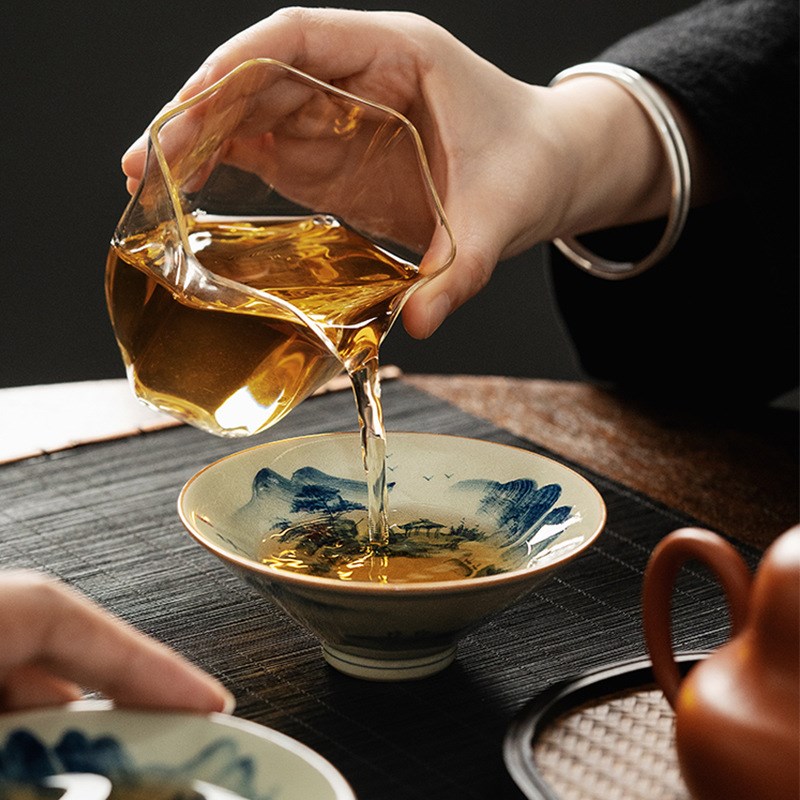 现货老陶泥斗笠杯手绘青花柴窑压手杯山水品茗杯千里江山主人杯批