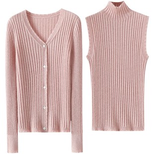 启超孤傲优雅 女纯羊绒毛衣针织背心两件套 秋冬100%纯山羊绒开衫