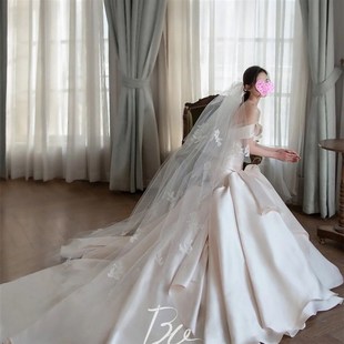 硬纱新娘结婚拍照头饰配饰 齐地长蕾丝花边头纱韩式 双层中长款 包邮