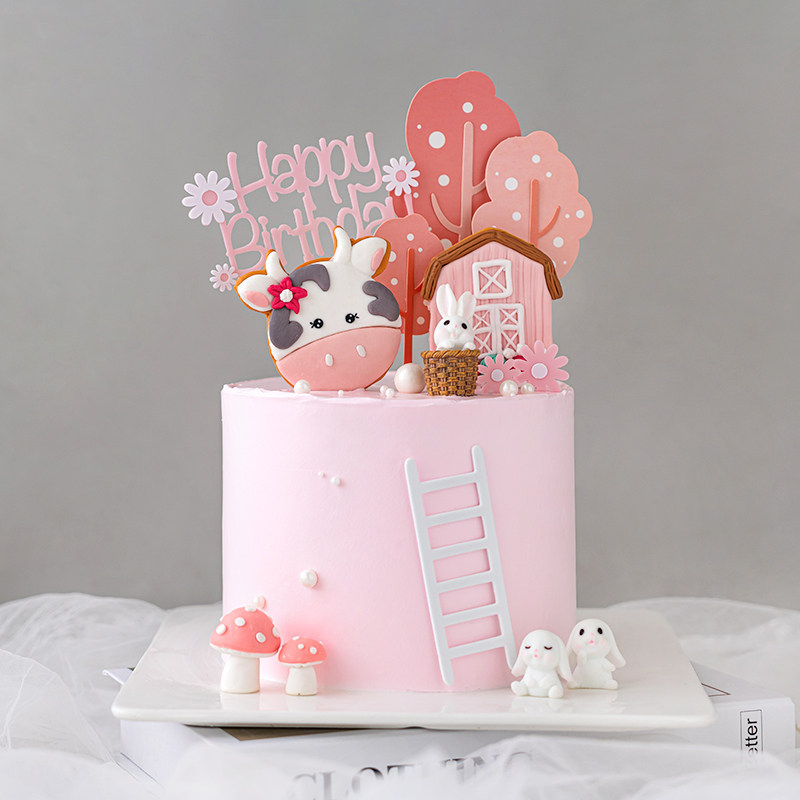儿童女孩通生日蘑糕装饰摆件奶牛农派屋蛋菇插牌烘焙场对兔子插件