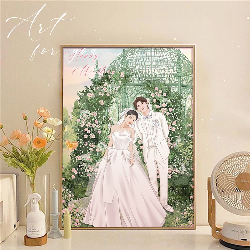 手绘真人婚纱照片画像定制结新婚A送新人闺蜜晶瓷装饰画高档礼物图片