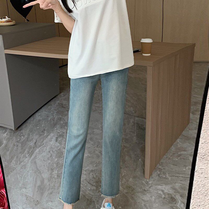 窄版直筒牛仔裤女春夏季20t23新款高腰显瘦小个子毛边九分烟管裤