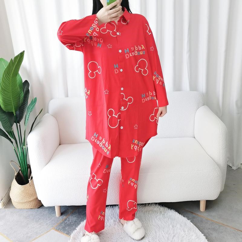 春大码开衫长款大码卡通薄款睡衣女字母本命年红色居家服套装