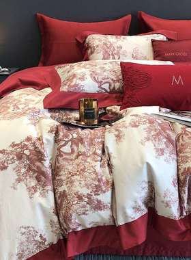 高档长绒棉四件套大红色结婚喜z被子纯棉全棉婚庆床单被套床上用