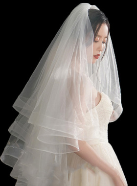 新品新娘结婚主婚纱头纱超仙森系网红拍照道具领证婚纱照白色头纱