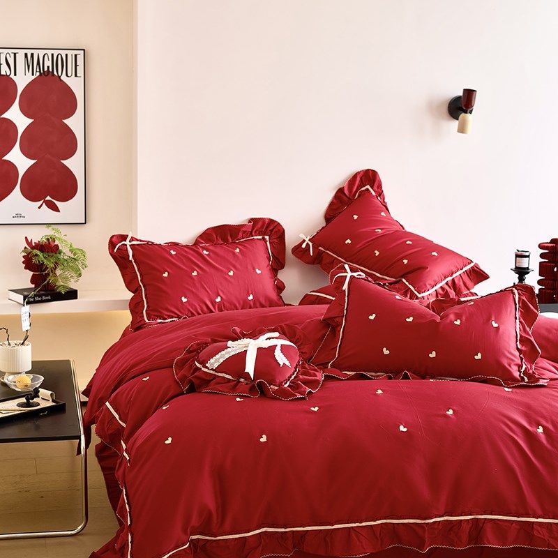 南通床品结婚庆红色床上四件套全棉被套罩公主风婚嫁陪嫁,床上用品,婚庆床品套件,淘宝优惠券,粉丝福利购,淘宝优惠卷