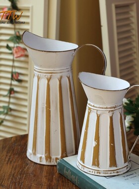 白色复古做旧花壶美式铁皮花瓶铁艺花盆M花器插花花桶装饰摆件