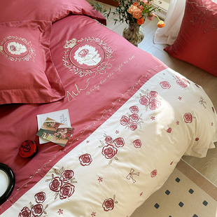 红色婚庆100支长绒棉四件套浪漫玫瑰刺绣被套全棉结婚床上用品1.8