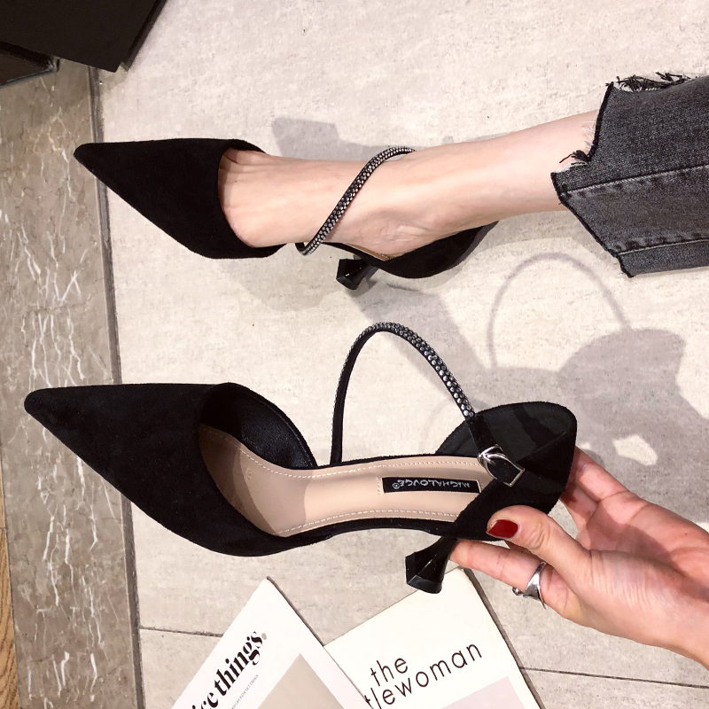 一字带高跟鞋绑带细跟2022年新款春夏黑色职业气质水钻包头凉鞋女