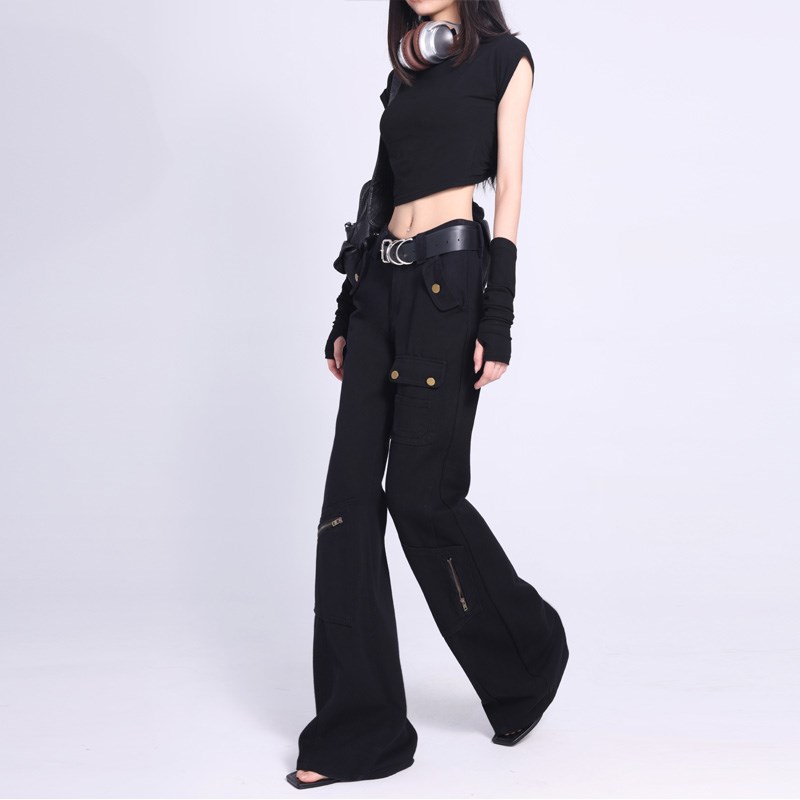 2024春夏款重工工装裤显瘦街头休闲牛仔裤女美式直筒裤黑色牛仔裤