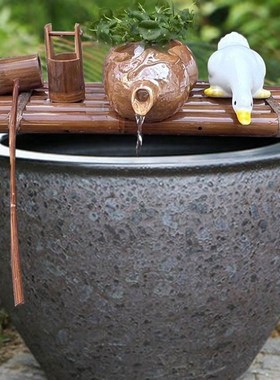 庭院陶罐流水器陶瓷鱼缸循环过滤增氧竹子搭配水池石槽造景摆件配