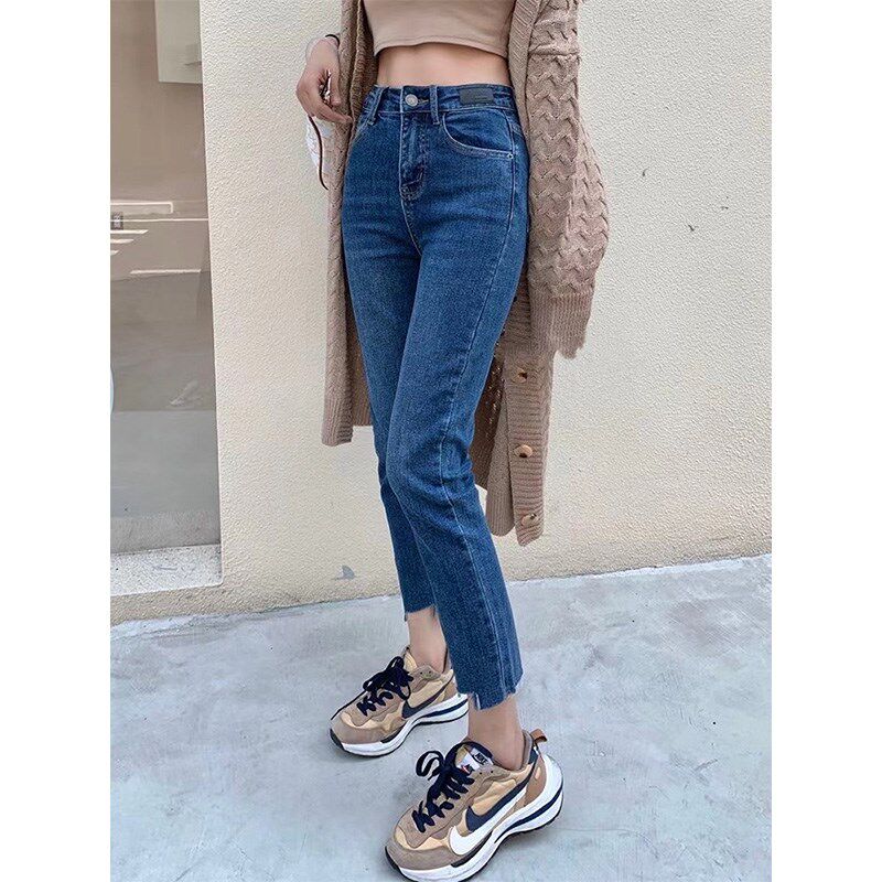 黑色弹力直筒牛仔裤女春夏新款高腰显K瘦毛边九分休闲裤烟管裤