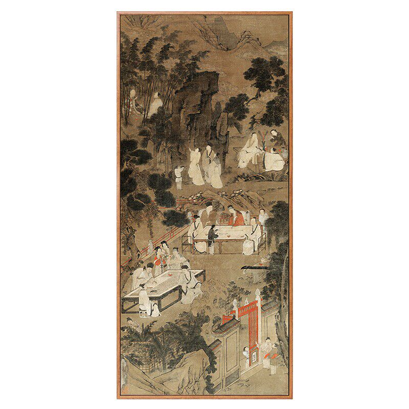 仇英西园雅集图古代人物画新中式装饰画走廊m过道竖版挂画仿古古